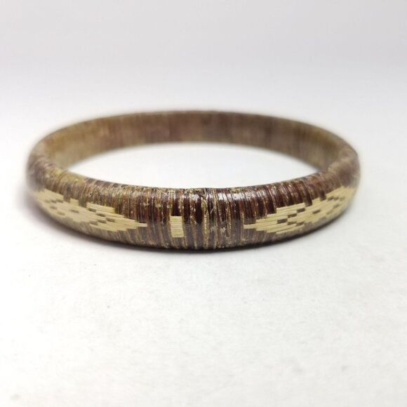 Vintage Brown and Tan Woven Braided Grass Bangle Bracelet Tribal Design Jewelry - Picture 2 of 6